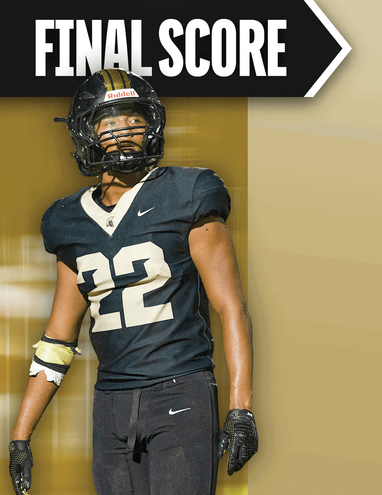 A football player with a white helmet. Description generated by AI