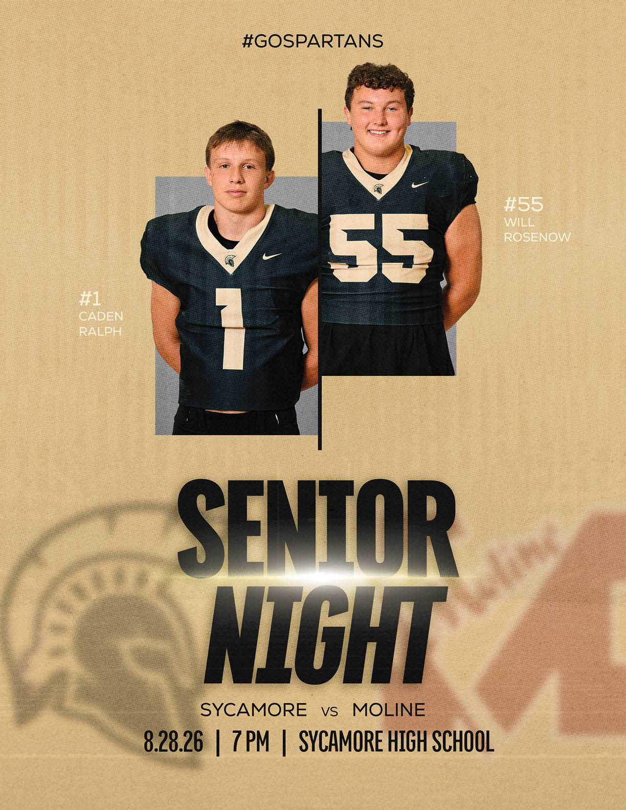 Two people wearing dark football jerseys with numbers one and fifty-five stand side by side above text announcing a senior night football game between Sycamore and Moline at Sycamore High School. Description generated by AI