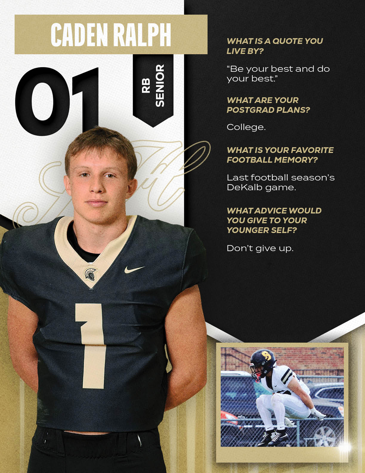 An adult wearing a black football jersey with the number one stands next to a smaller action photo of the same person in football gear crouching on a fence with text about their favorite football memory, advice to younger self, and postgrad plans. Description generated by AI