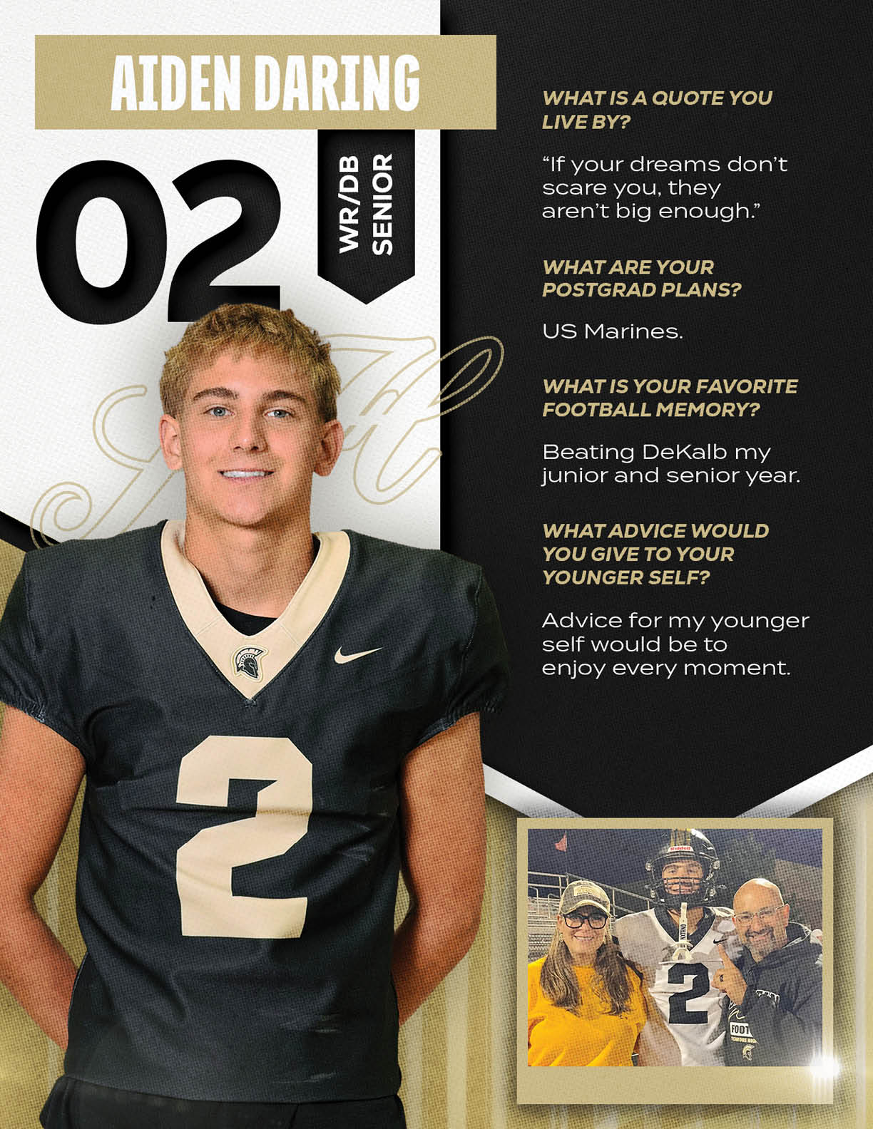A person wearing a black football jersey with the number two stands next to a smaller photo of the same person in football gear with two adults, alongside text sharing their name, position, senior status, and personal quotes about dreams, postgrad plans, favorite football memory, and advice to younger self. Description generated by AI