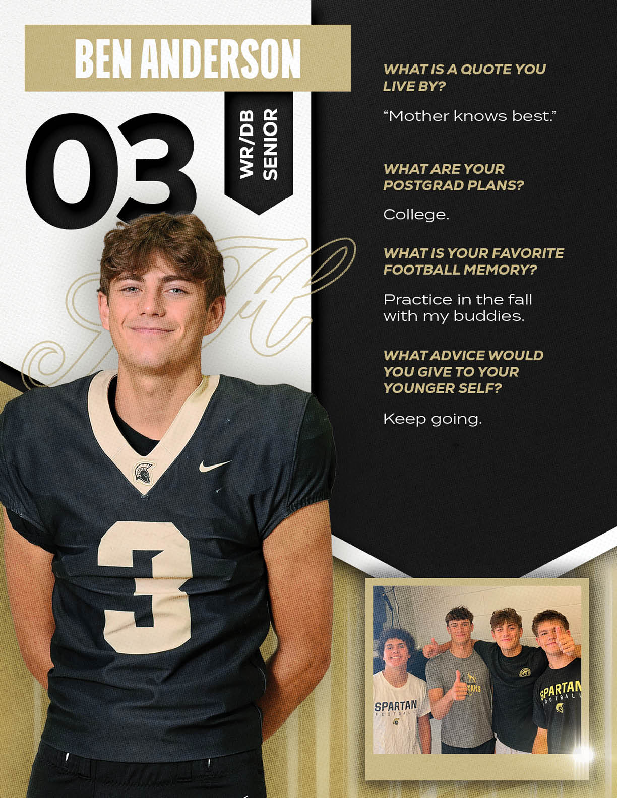 A person wearing a black football jersey with the number three stands next to a text block with motivational quotes and a small photo of four people posing together. Description generated by AI