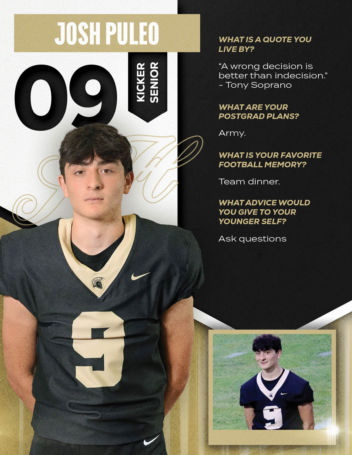 A person wearing a black football jersey with the number 9 stands next to a smaller photo of the same person on a field, accompanied by text with their name, position as kicker, senior status, and quotes about life, postgrad plans, favorite football memory, and advice to younger self. Description generated by AI