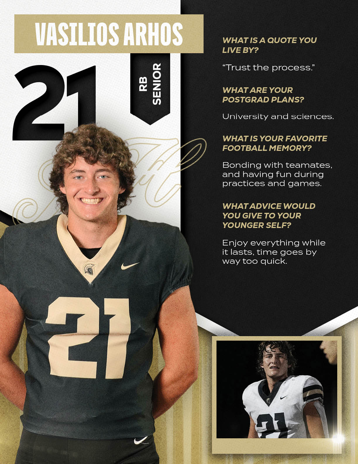 A person wearing a black football jersey with the number 21 stands smiling next to text sharing their name, position, class year, and personal quotes about trust, future plans, favorite football memory, and advice to their younger self, alongside a smaller image of the same person in a white football jersey. Description generated by AI