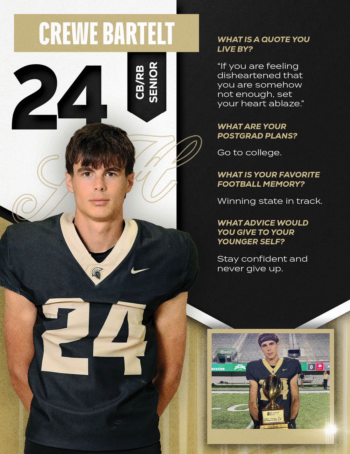 An adult wearing a black football uniform with the number 24 stands next to a smaller photo of the same person holding a trophy on a football field, accompanied by text with personal quotes and plans. Description generated by AI