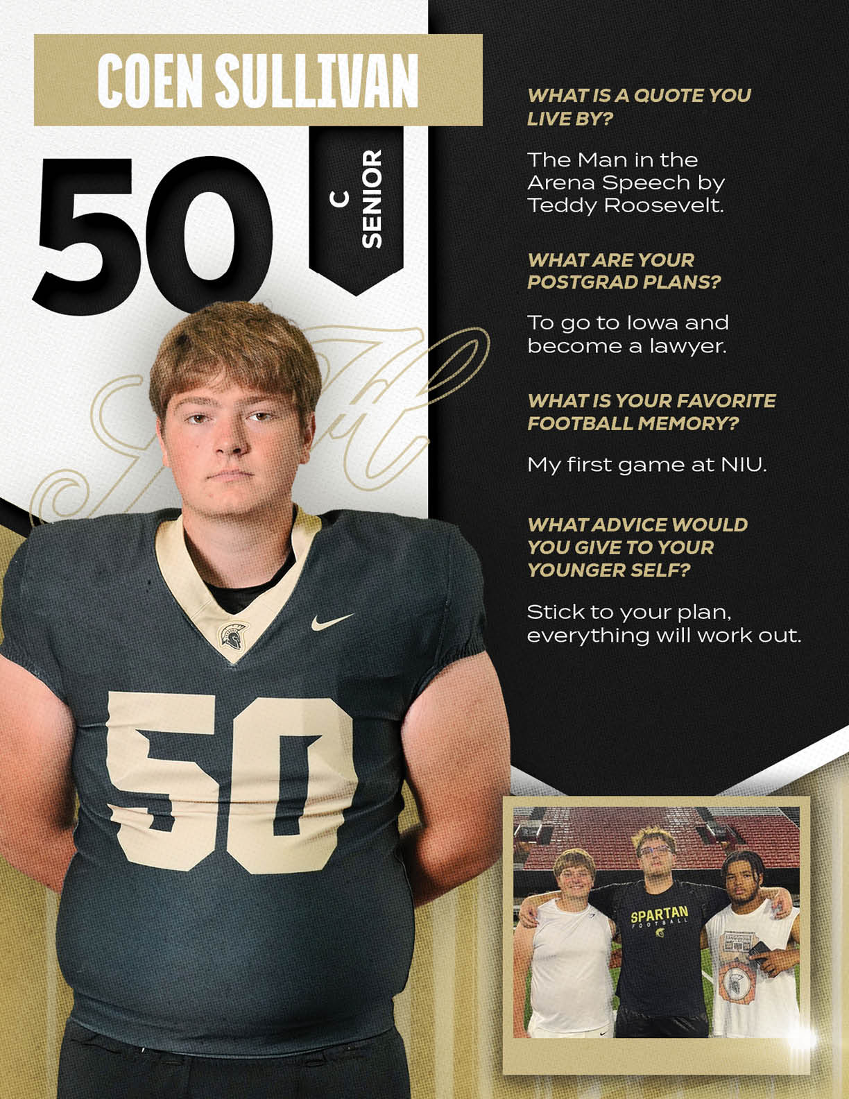 An adult wearing a football uniform with the number 50 stands in front of a graphic featuring their name Coen Sullivan, senior status, and quotes about their favorite football memory, postgrad plans, and advice to their younger self, alongside a smaller photo of three adults posing together. Description generated by AI