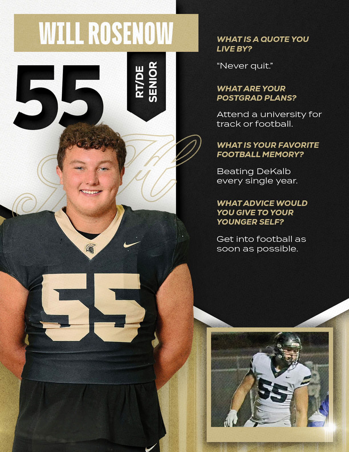 A person wearing a black football jersey with the number 55 stands smiling next to a smaller action photo of the same person in a white football uniform, accompanied by text about their name, class year, favorite football memory, and future plans. Description generated by AI