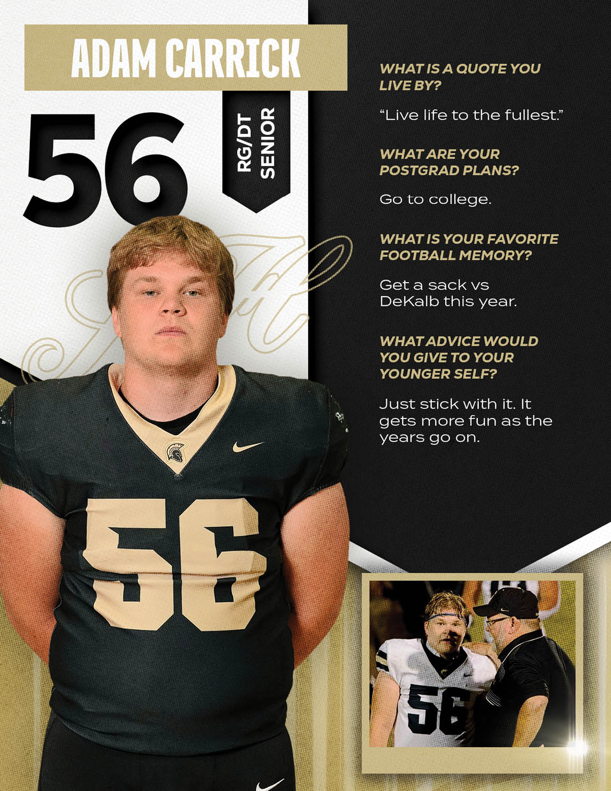 An adult wearing a black and gold football uniform with the number 56 stands next to a smaller inset photo showing two adults in football gear and a coach having a conversation. Description generated by AI
