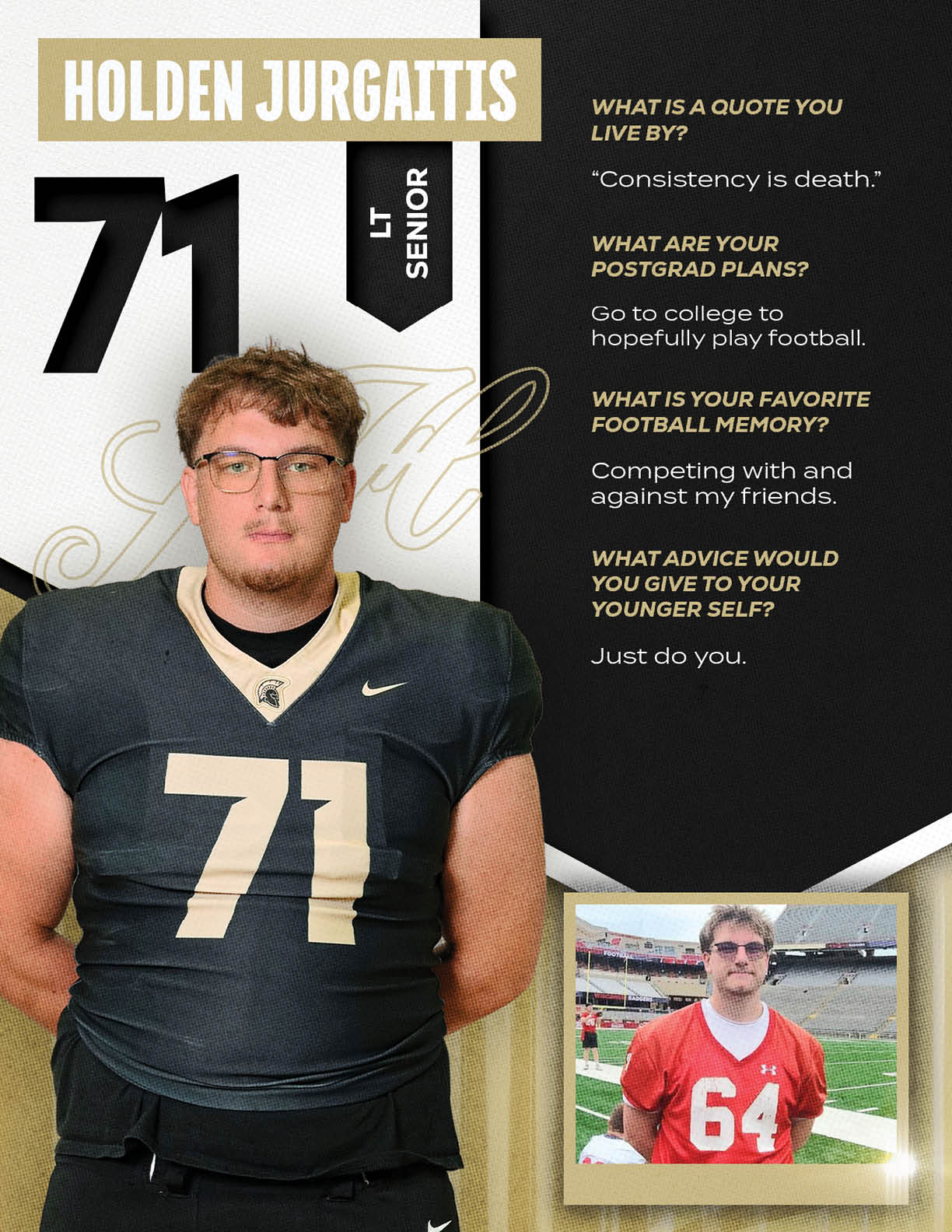 An adult wearing a black football jersey with the number 71 stands next to text about their favorite football memory and postgrad plans, alongside a smaller photo of the same person in a red football jersey with the number 64 on a football field. Description generated by AI