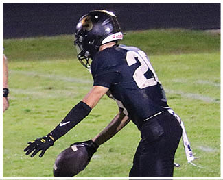 A football player running on the field. Description generated by AI