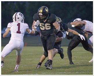 A football player running on the field. Description generated by AI