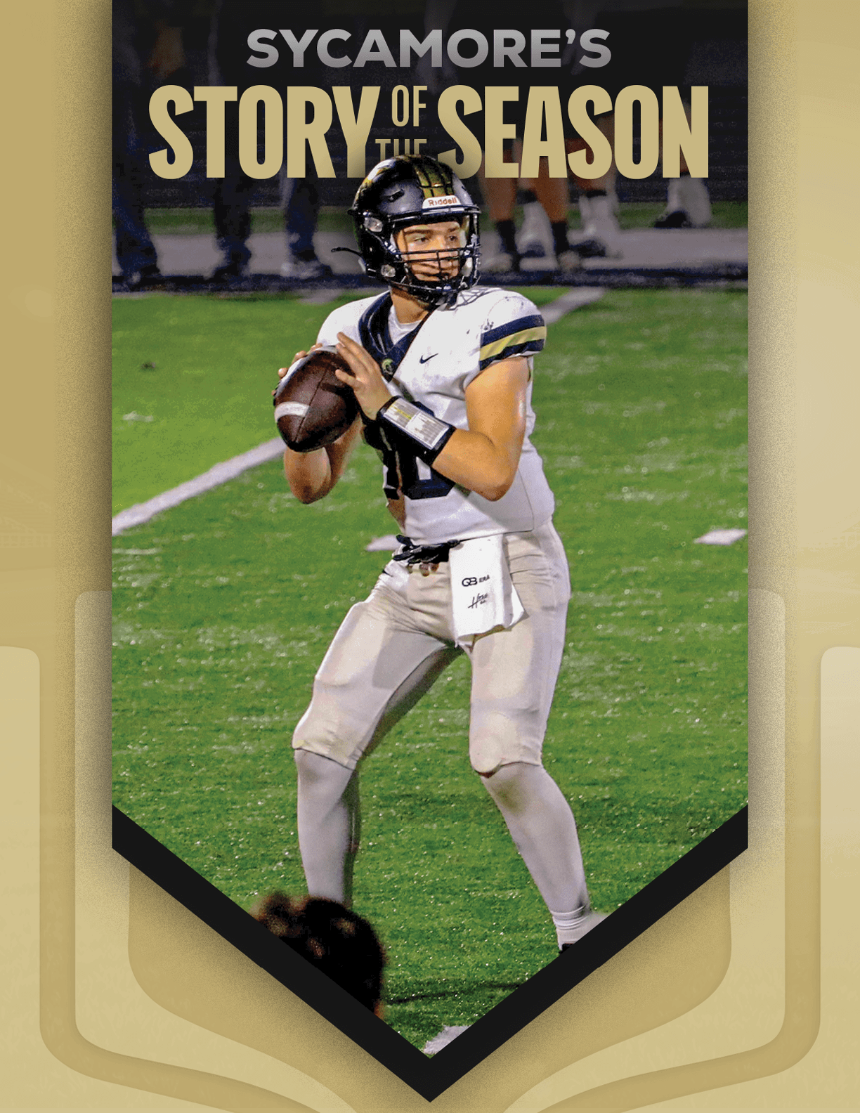 A person in a football uniform is holding a football in a ready-to-throw position on a green field with the text “Sycamore's Story of the Season" above. Description generated by AI