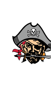 A stylized pirate head wearing a gray hat with a skull and crossbones, an eye patch, and holding a sword in its mouth. Description generated by AI