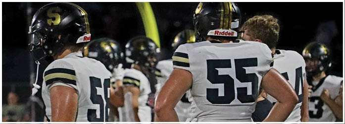 People wearing white football uniforms with black and gold stripes stand on a field, some with hands on hips. Description generated by AI