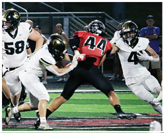 Several people in football uniforms are actively engaged in a play on a green field with yard lines and a logo at the center. Description generated by AI