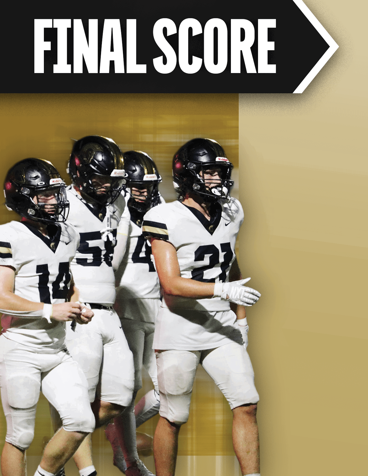 Four people in football uniforms and helmets are walking together under a bold banner that reads final score. Description generated by AI
