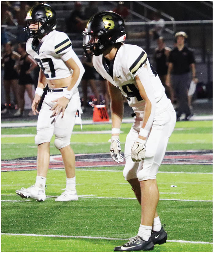 Two people in football uniforms and helmets are positioned on a field, appearing ready for action during a game. Description generated by AI