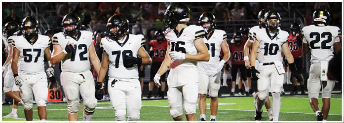 A group of football players in white uniforms and helmets are walking together on a field during a game. Description generated by AI