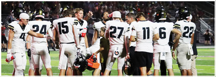 A group of people wearing white sports uniforms with numbers stand together on a football field at night. Description generated by AI