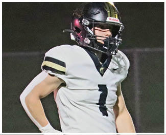 A person wearing a black helmet and a white sports jersey with the number seven stands on a field at night. Description generated by AI