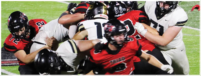 Several people wearing football uniforms are engaged in a physical play on a grassy field during a game. Description generated by AI