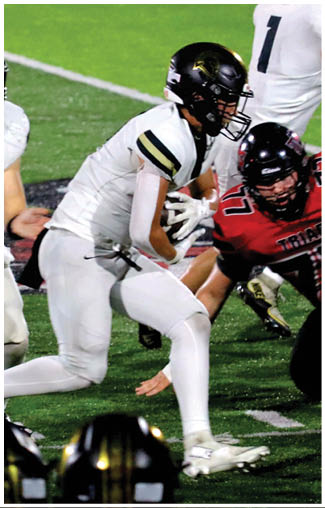 Two people in white football uniforms and black helmets are actively engaged in a play on a green field. Description generated by AI