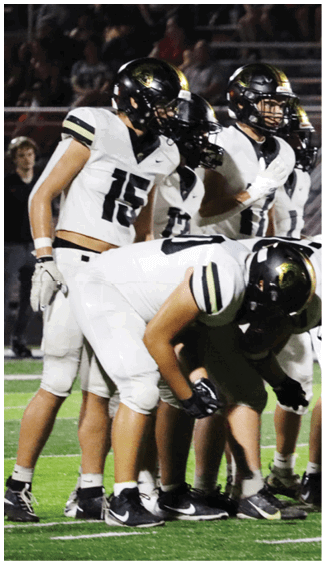 People in football uniforms are gathered on a field with one person wearing a jersey numbered 10 standing prominently. Description generated by AI