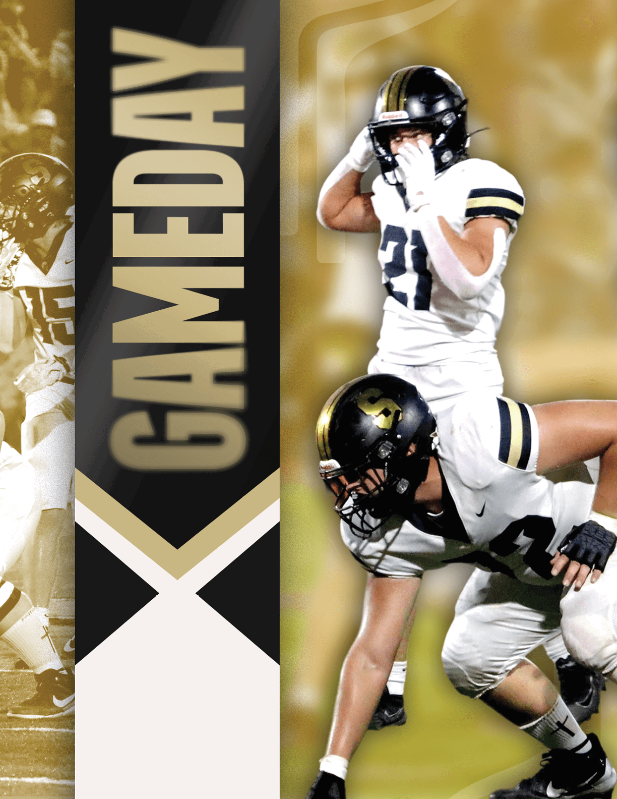 Two athletes in white football uniforms and black helmets are positioned on a field with a vertical banner reading GAMEDAY beside them. Description generated by AI