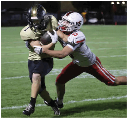 Two people in football uniforms are engaged in a play on a grassy field, with one person holding the ball and the other attempting to tackle. Description generated by AI