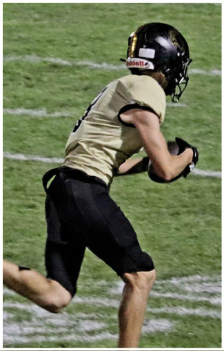 A person wearing a football uniform and helmet is running on a grassy field while holding a football. Description generated by AI