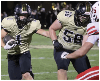 A person wearing a beige sports jersey and black pants is holding a football while running on a grassy field. Description generated by AI