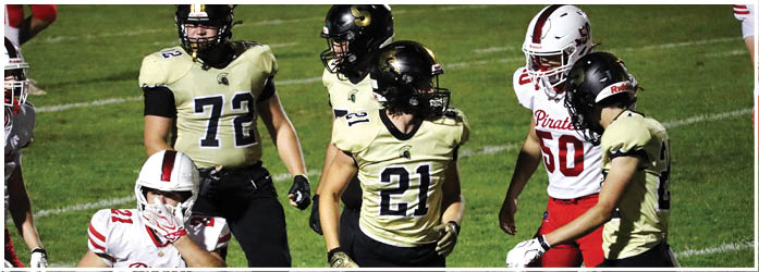 People wearing football uniforms are actively playing on a grassy field during a game. Description generated by AI