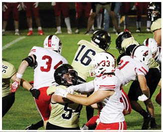 People wearing football uniforms are engaged in a play on a grassy field during a game. Description generated by AI