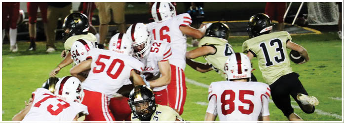 People in football uniforms are engaged in a play on a grassy field with one player wearing a black helmet and light-colored jersey facing players in white and red uniforms. Description generated by AI