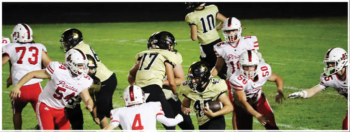 People wearing football uniforms are actively engaged in a game on a grassy field under bright lighting. Description generated by AI