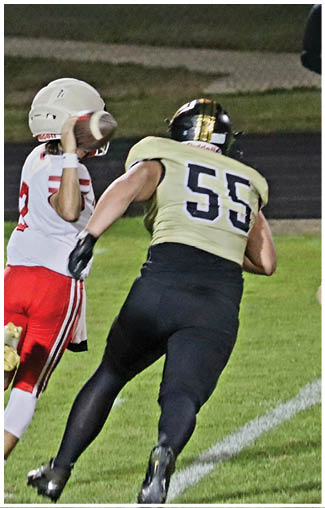 A person wearing a white and red football uniform is holding a football while another person in black gloves reaches toward them on a grassy field. Description generated by AI
