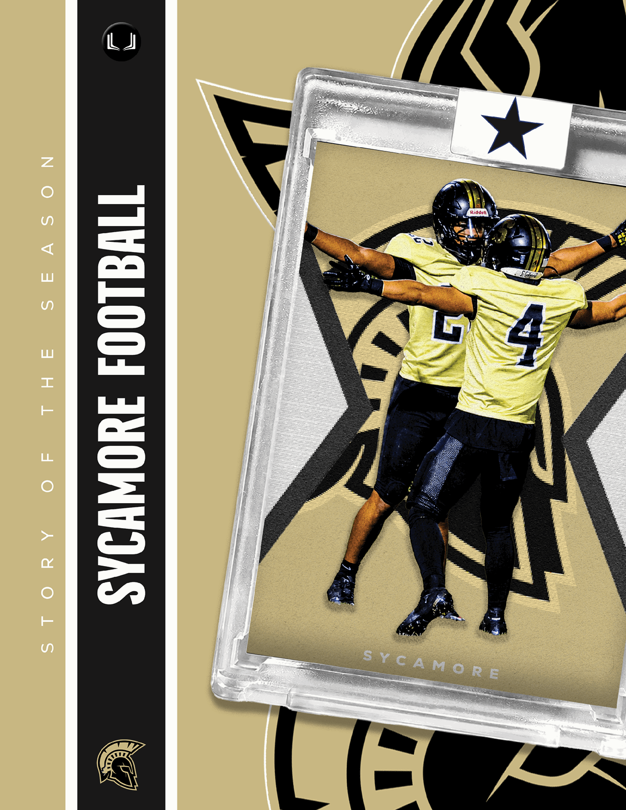 A blue and white card with a football player on it. Description generated by AI
