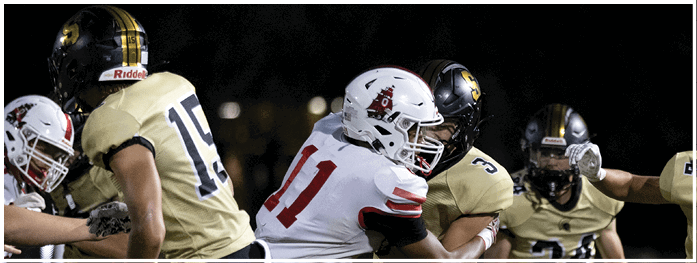 People wearing football uniforms are engaged in a tackle during a game on a field. Description generated by AI