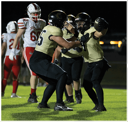 Two football players in gold and black uniforms celebrate on the field while a player in a white and red uniform watches in the background. Description generated by AI