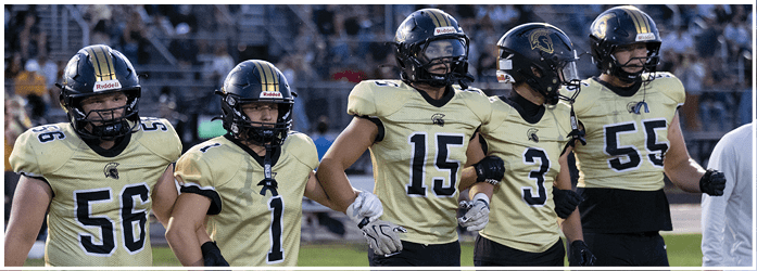 Three people wearing yellow football jerseys with numbers 56, 1, and 13 are standing side by side with linked arms. Description generated by AI