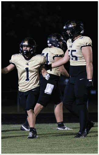 Two people wearing football uniforms and helmets stand on a field at night, with one holding a football. Description generated by AI