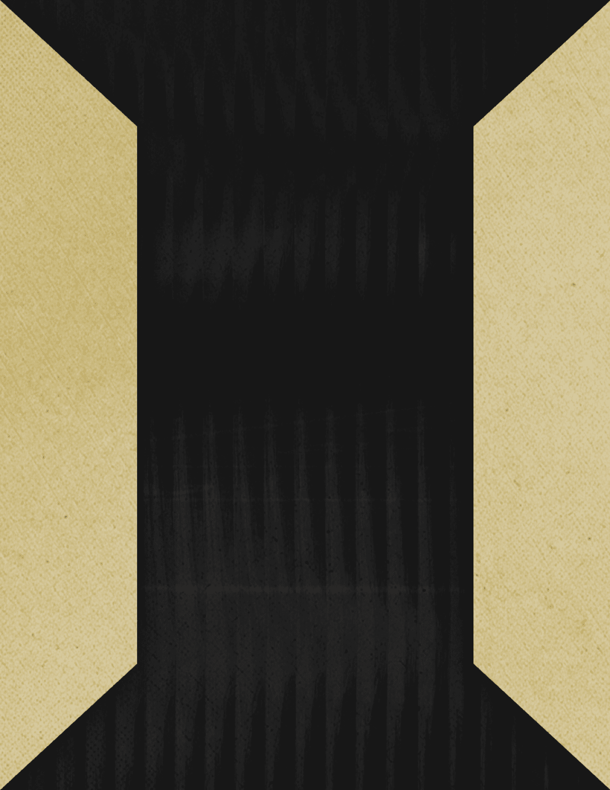 A black vertical rectangular shape with two beige triangular shapes on either side forming a symmetrical pattern. Description generated by AI