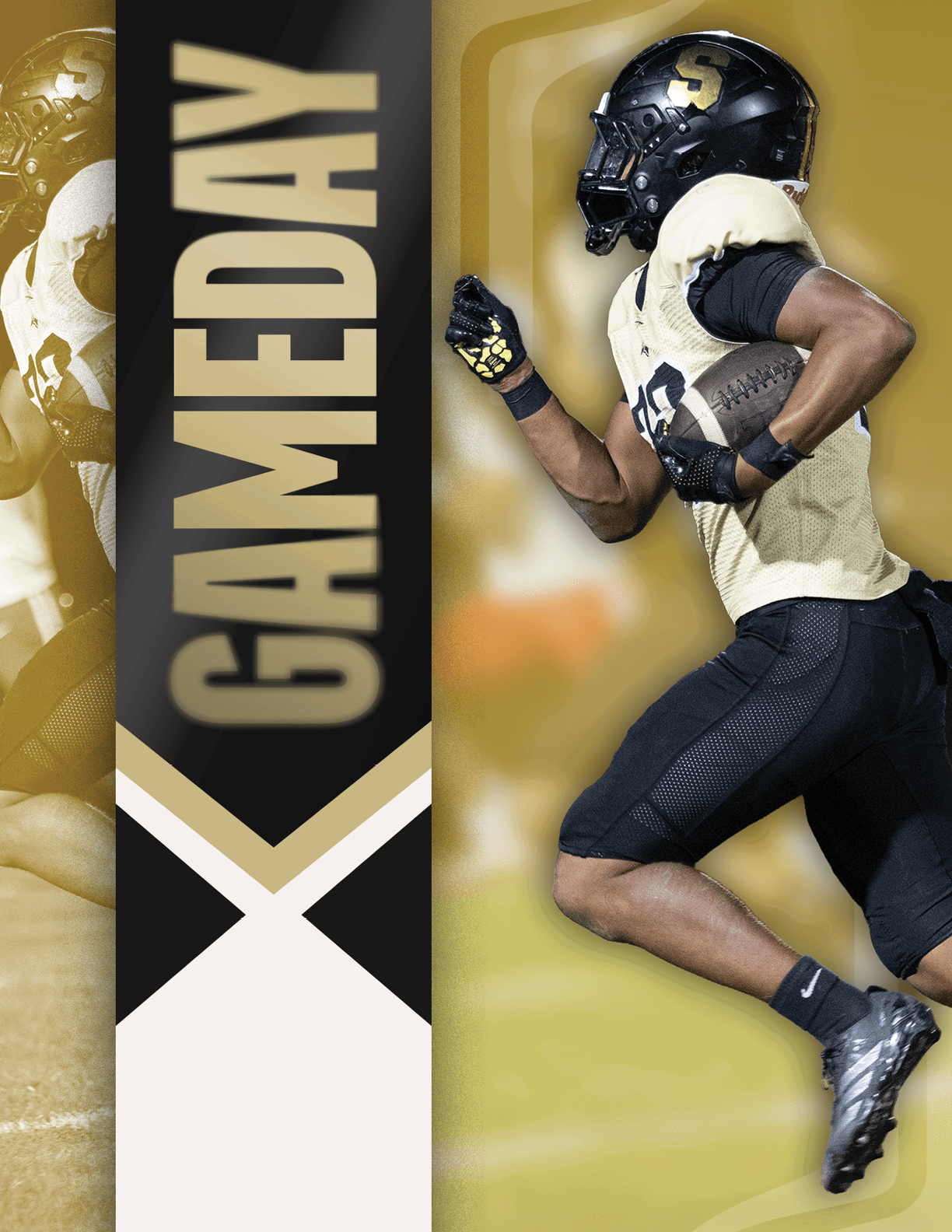 A person wearing a football uniform and helmet is running while holding a football with a vertical banner next to them that reads “GAMEDAY." Description generated by AI