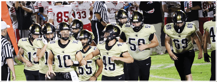 A group of people wearing football uniforms and helmets are standing together on a field. Description generated by AI