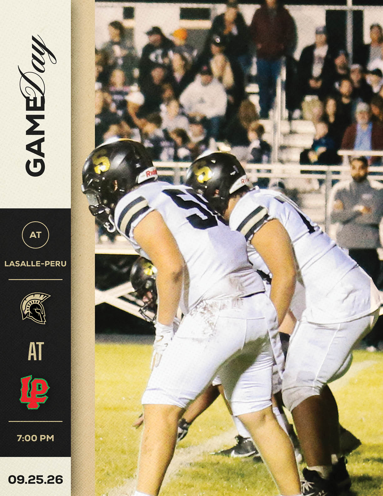 Two people in white football uniforms and black helmets are positioned on a field with a crowd in the background, alongside a graphic showing a game day matchup between LaSalle-Peru and another team scheduled for 7:00 PM on 09.25.26. Description generated by AI