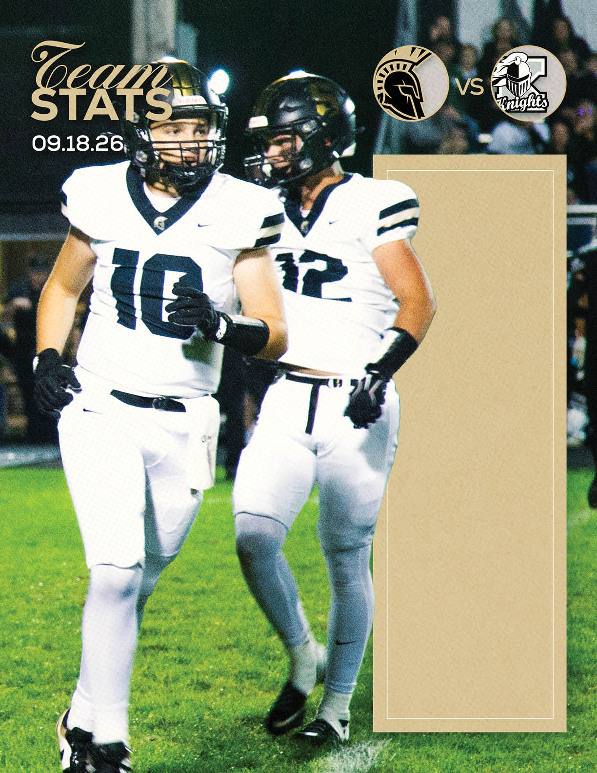 Two people in white football uniforms with black helmets are walking together on a grassy field during a nighttime game with a beige stats graphic and team logos in the background. Description generated by AI