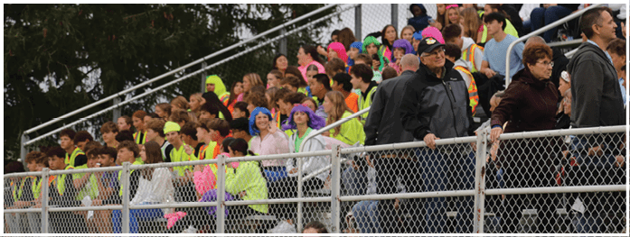 A crowd of people wearing colorful clothing and some with wigs are gathered behind a chain-link fence, appearing to watch an event. Description generated by AI