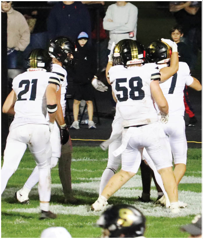 Several people in white football uniforms with black helmets are gathered on a grassy field during a nighttime game. Description generated by AI
