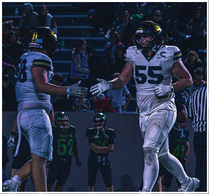 Two people in dark football uniforms with green and red accents stand on the sidelines while another person in white sportswear is partially visible in the foreground. Description generated by AI