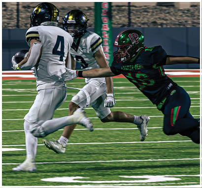 People playing football on a field with one player running while holding the ball and another reaching out to tackle. Description generated by AI