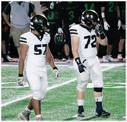 Two people wearing white football uniforms with gloves are standing on a green field with white lines. Description generated by AI